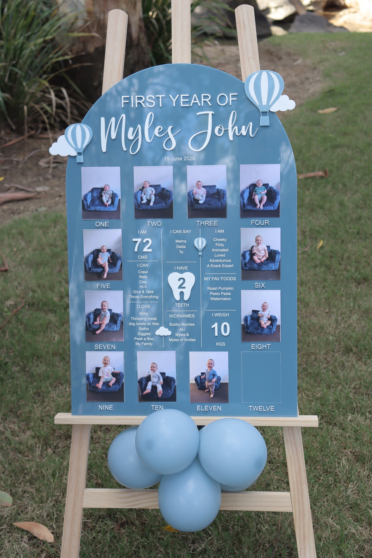 First year board with photos of child during event