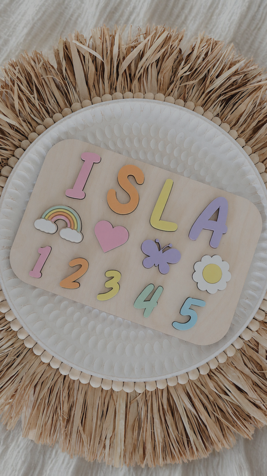 Personalized montessori puzzlem with colorful letters, objects and numbers for babies, toddlers and children