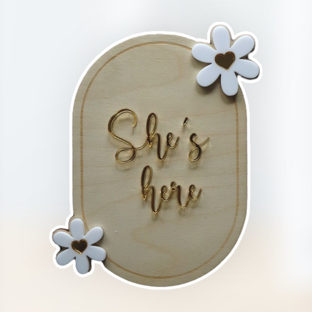 Personalised Baby Announcement Plaque | She's Here Daisy Oval