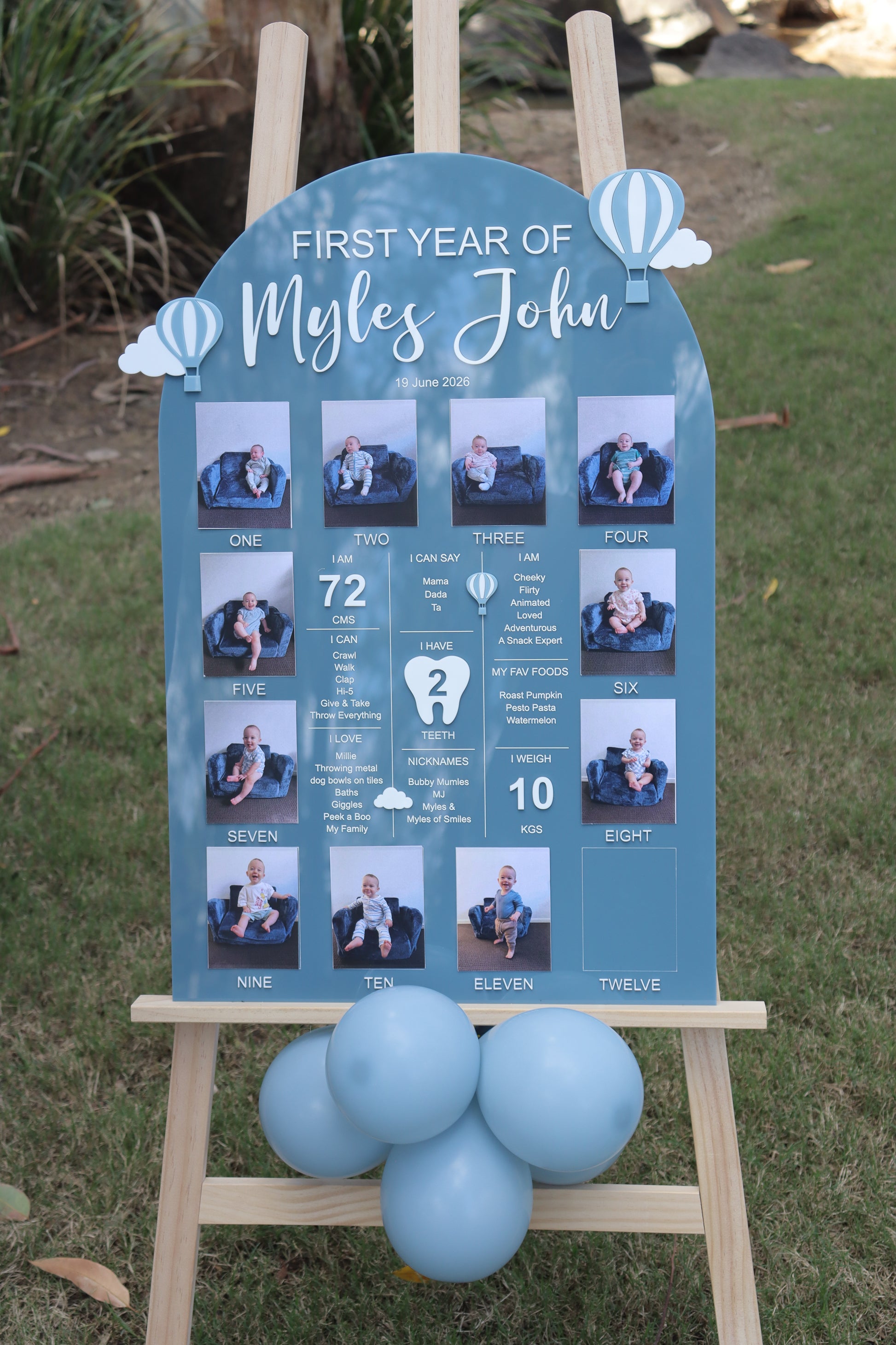 First year board with photos of child during event 