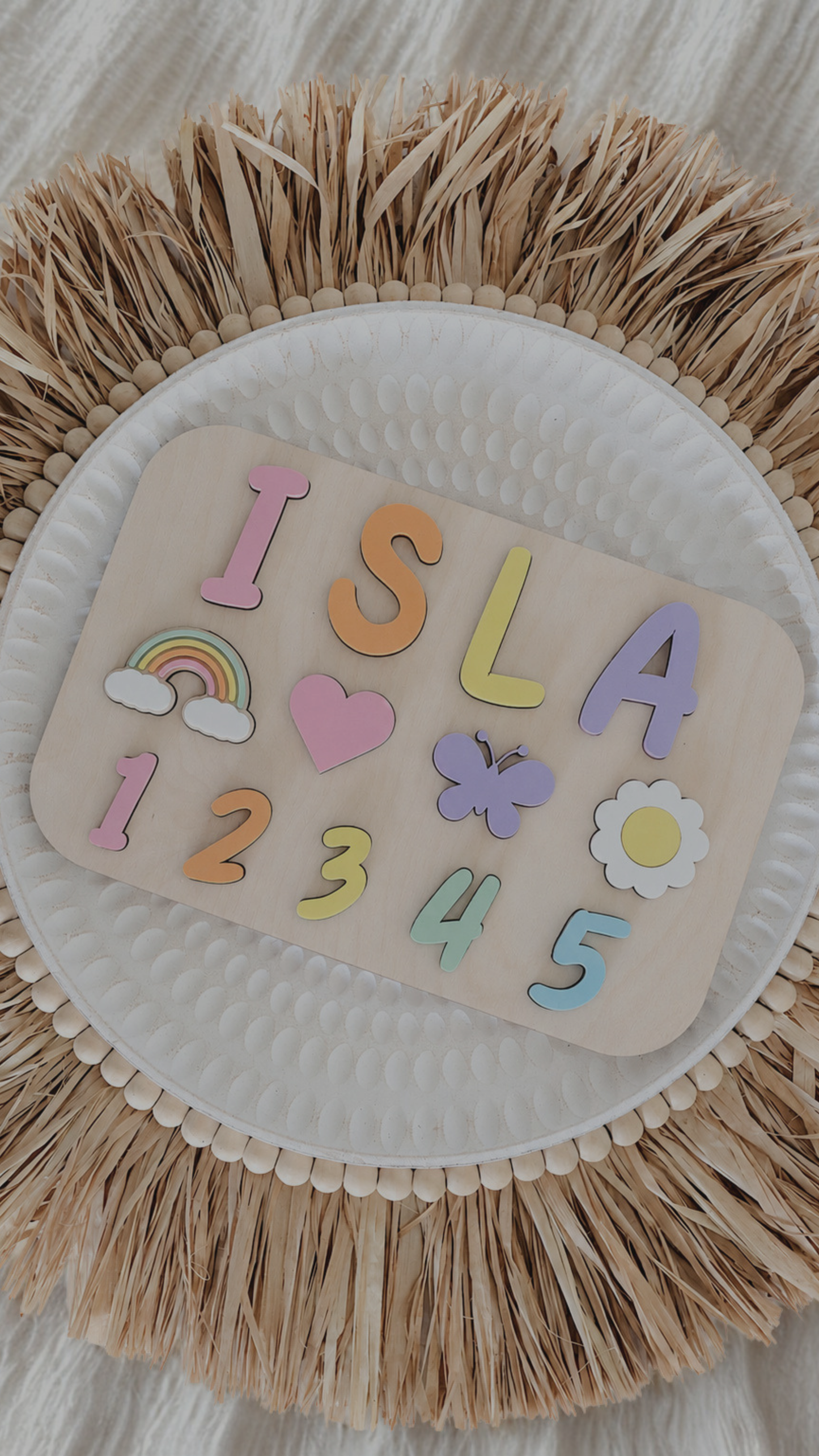 Personalized montessori puzzlem with colorful letters, objects and numbers for babies, toddlers and children