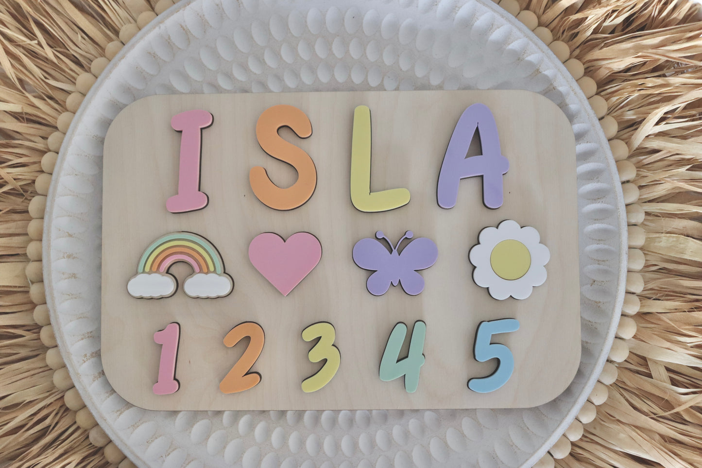 Personalized montessori puzzle  with colorful letters, objects and numbers for babies, toddlers and children
