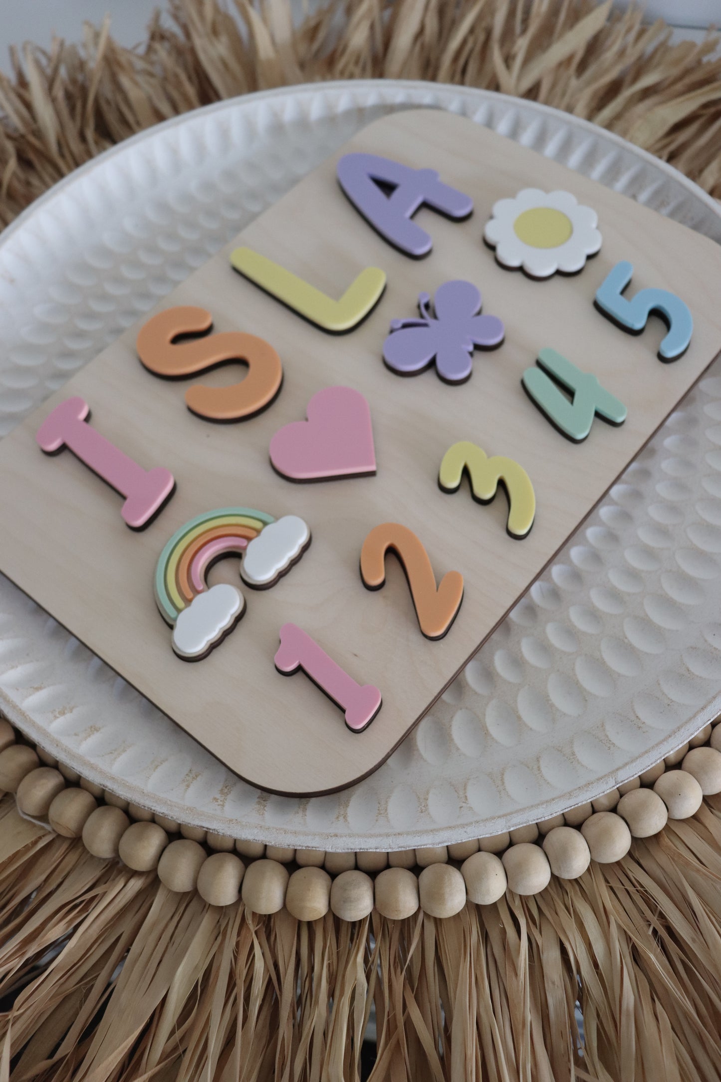 Personalized montessori puzzle  with colorful letters, objects and numbers for babies, toddlers and children